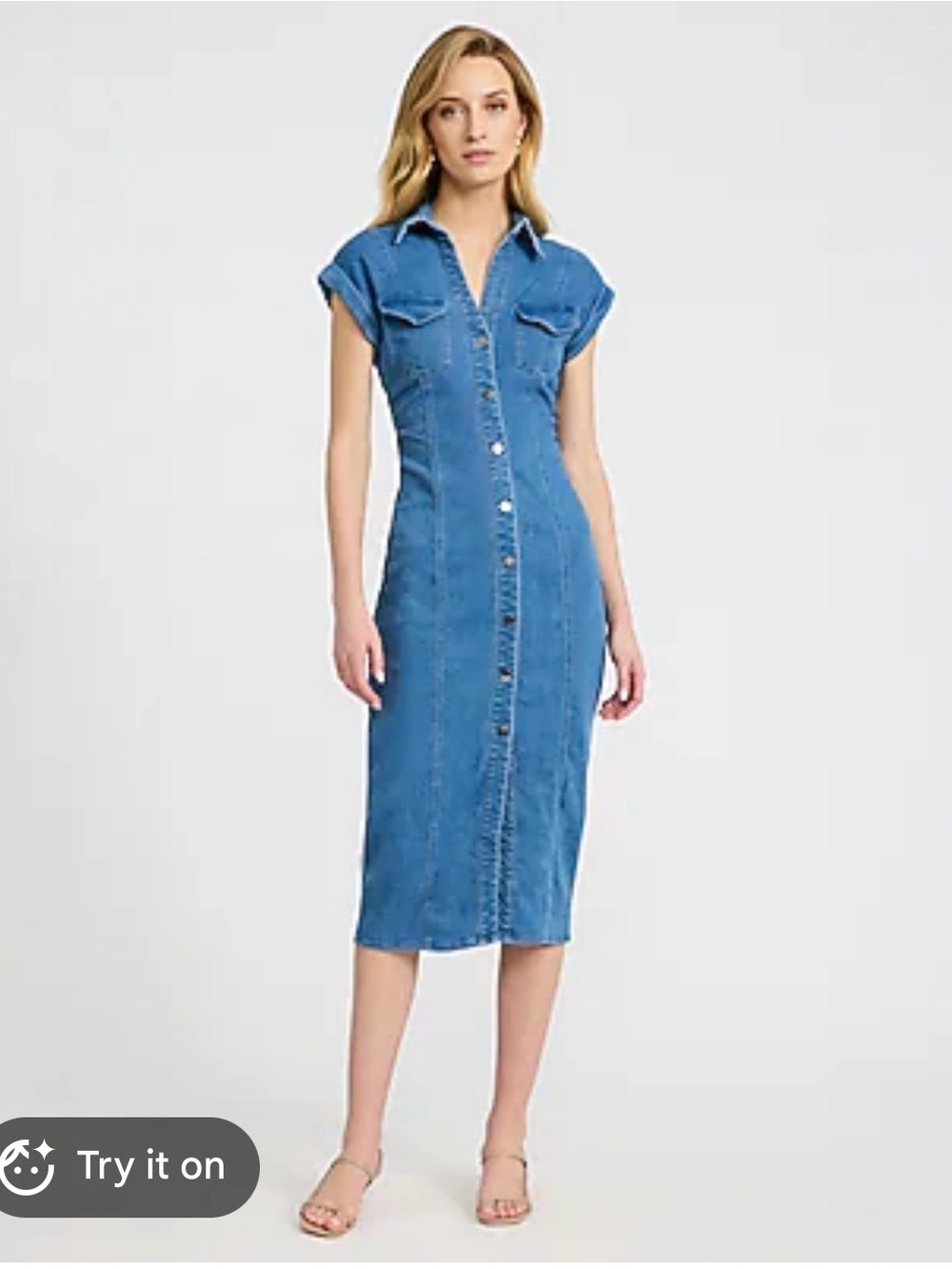 Express Blue Button-Front Denim Midi Dress
